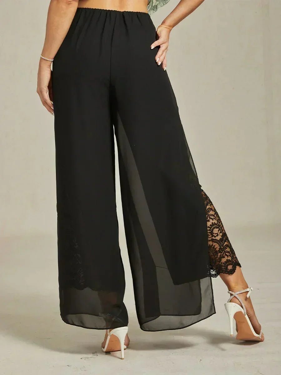 Pantalón recto de encaje con sobrecapa de gasa abierta - Nhaura