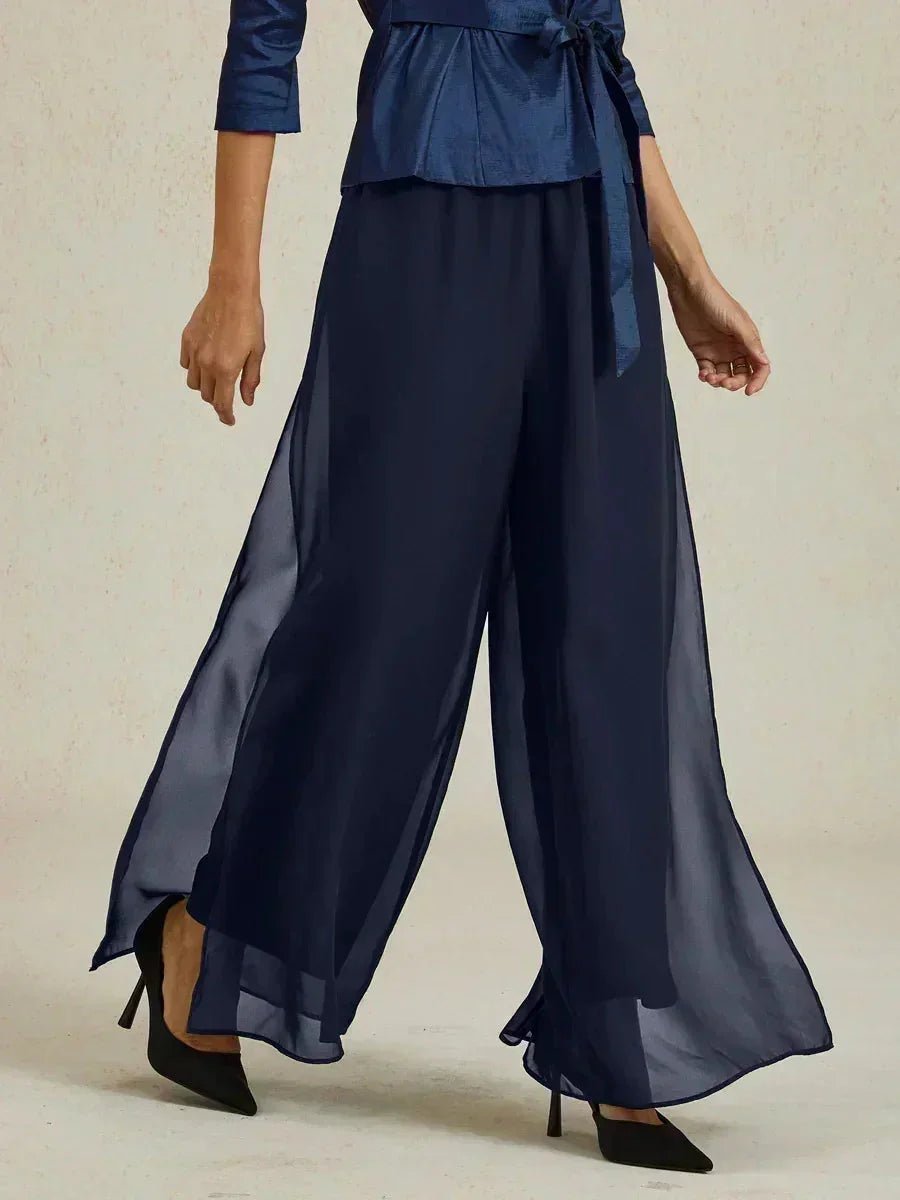 Pantalón recto de encaje con sobrecapa de gasa abierta - Nhaura