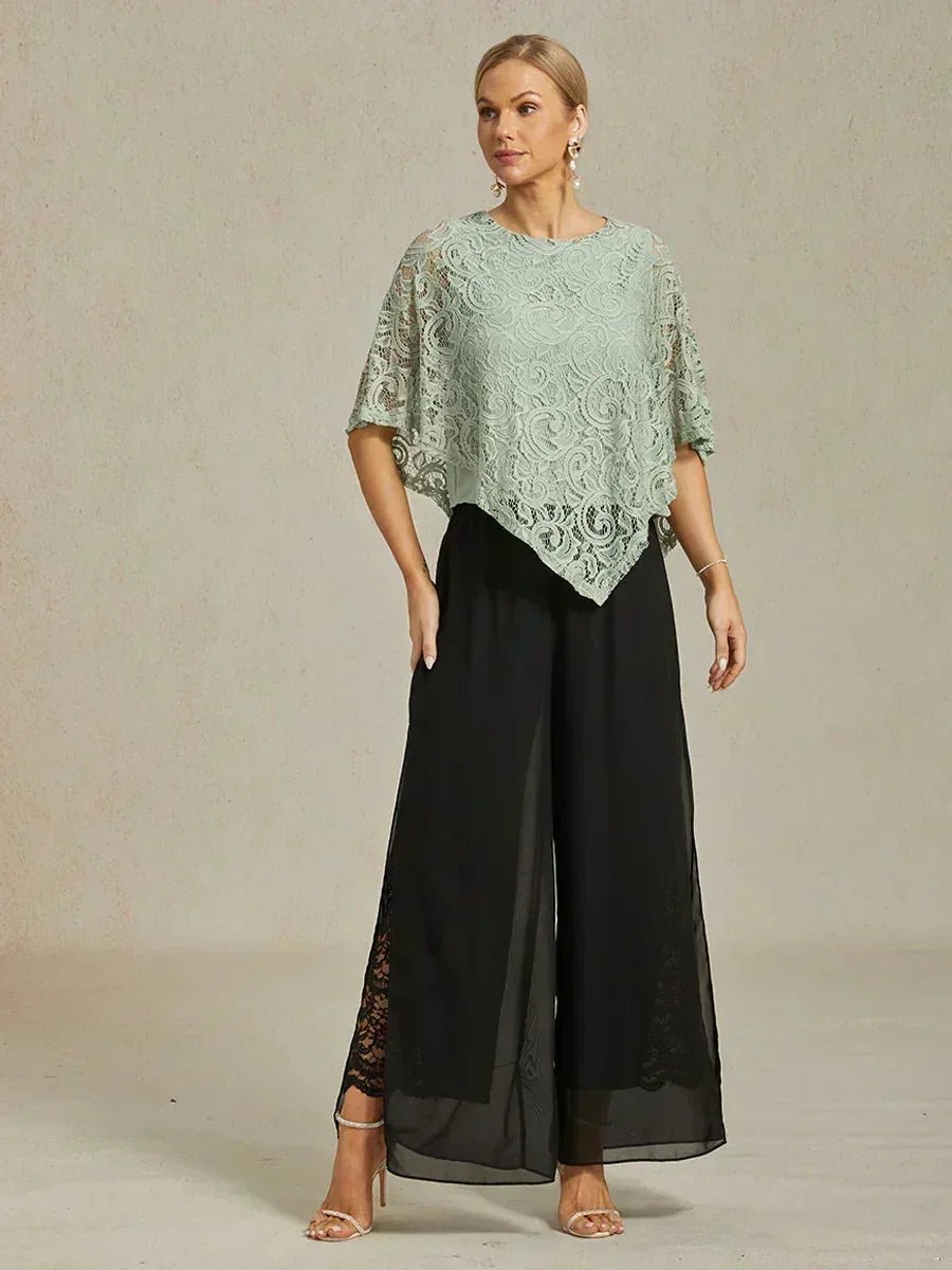 Pantalón recto de encaje con sobrecapa de gasa abierta - Nhaura