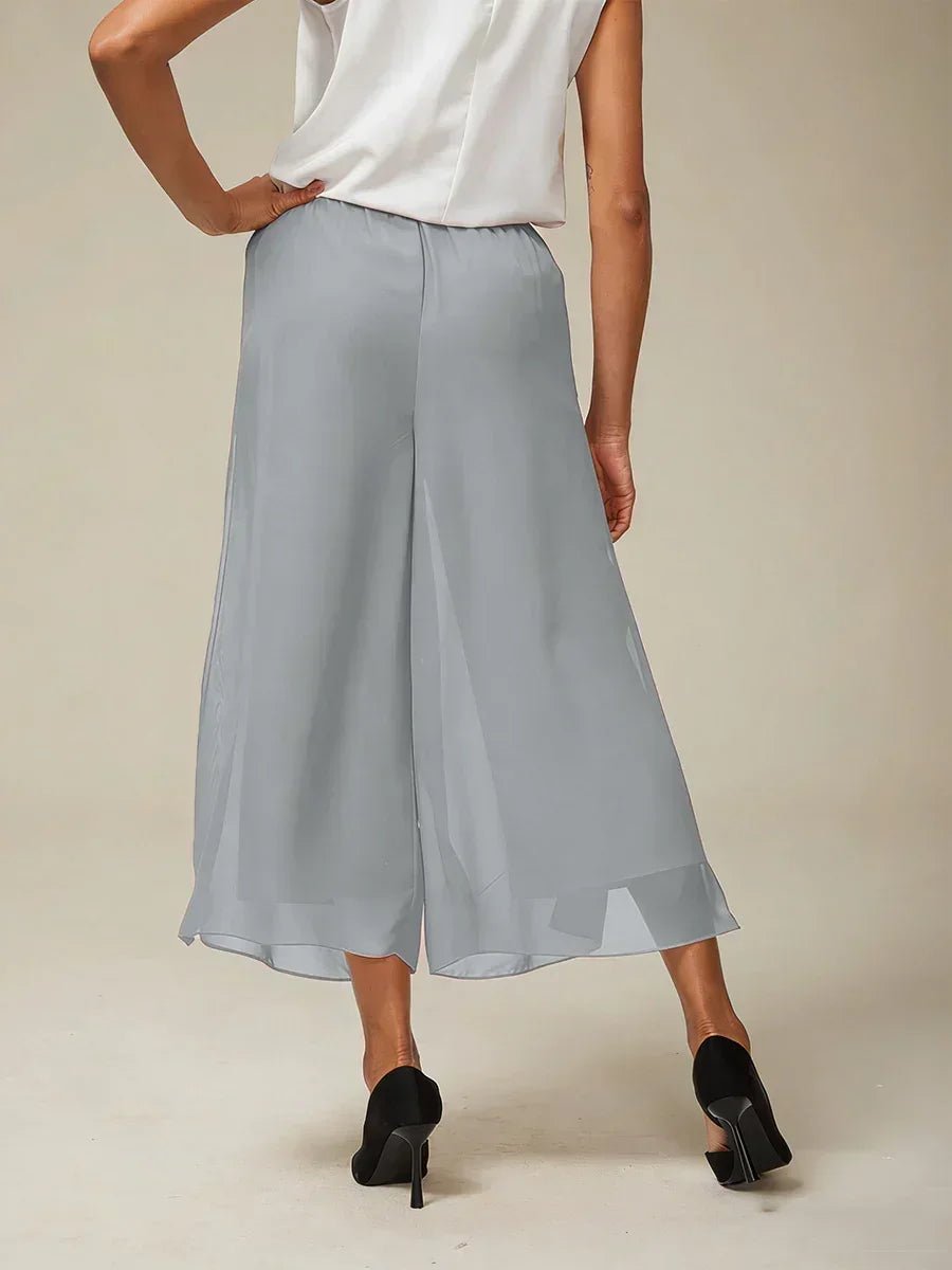 Pantalón recto de largo cropped con sobrecapa de gasa abierta - Nhaura