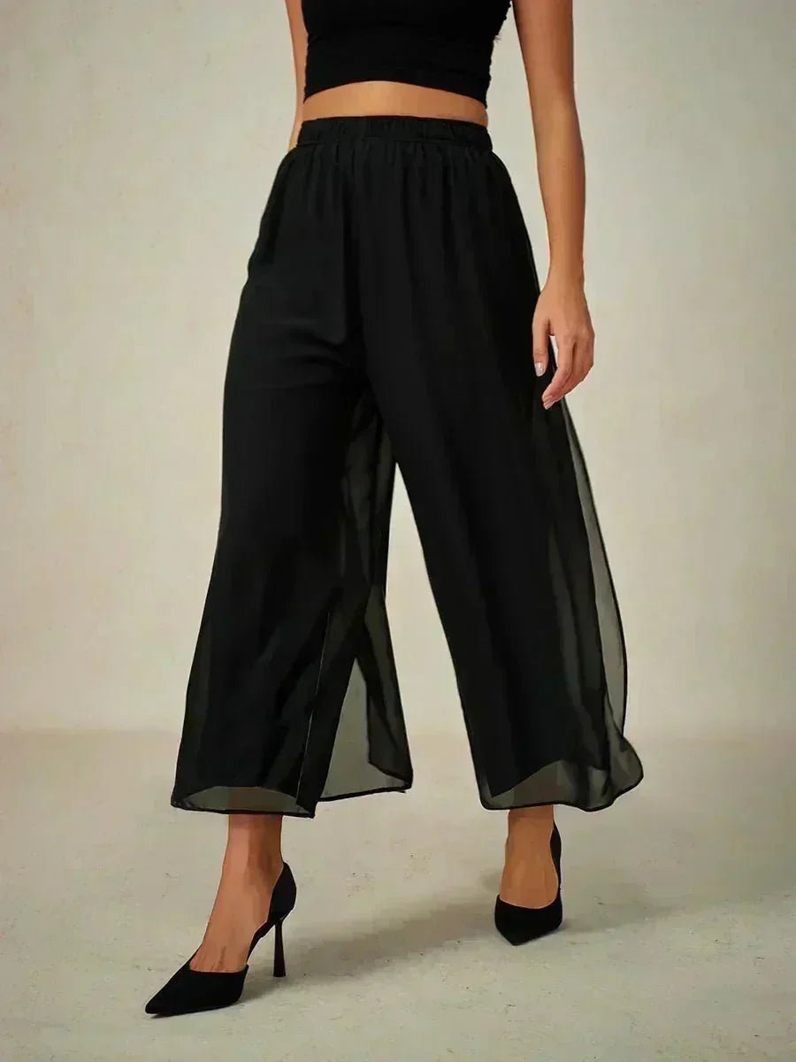 Pantalón recto de largo cropped con sobrecapa de gasa abierta - Nhaura