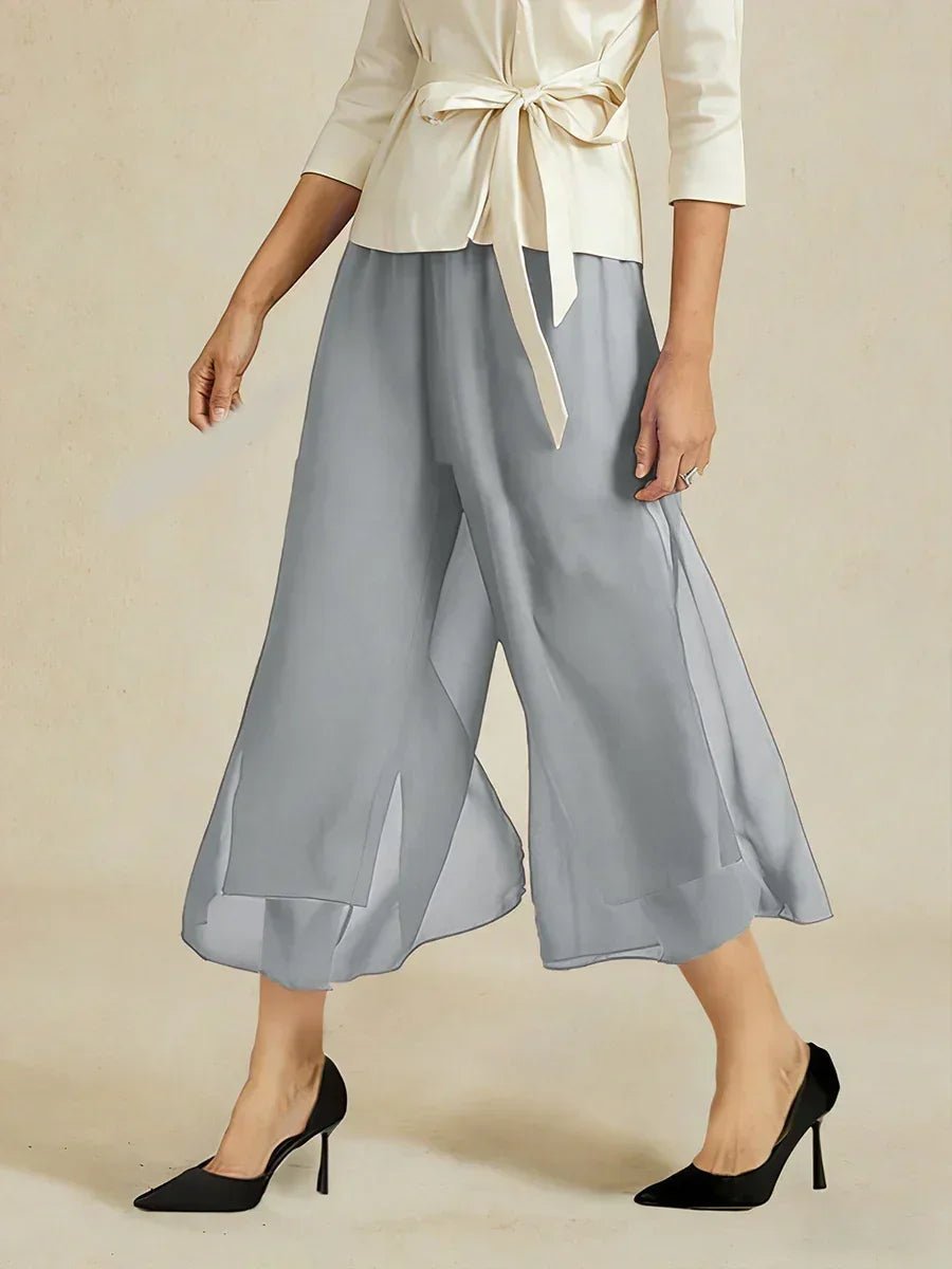 Pantalón recto de largo cropped con sobrecapa de gasa abierta - Nhaura