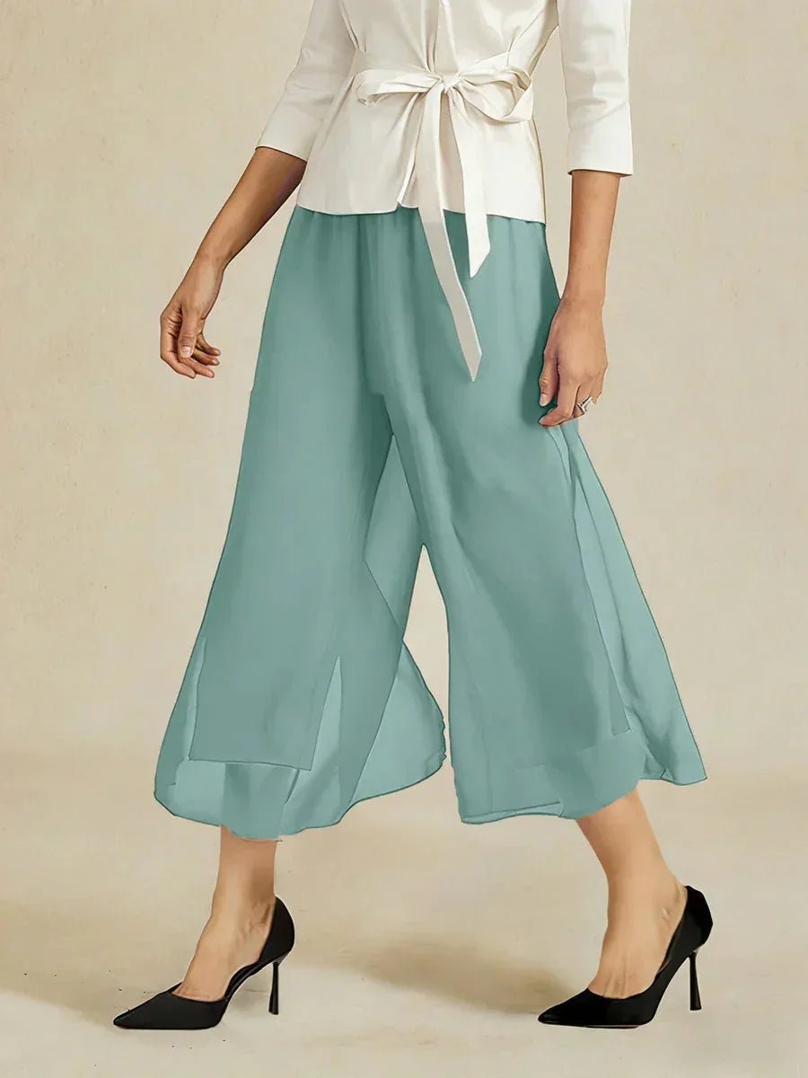 Pantalón recto de largo cropped con sobrecapa de gasa abierta - Nhaura