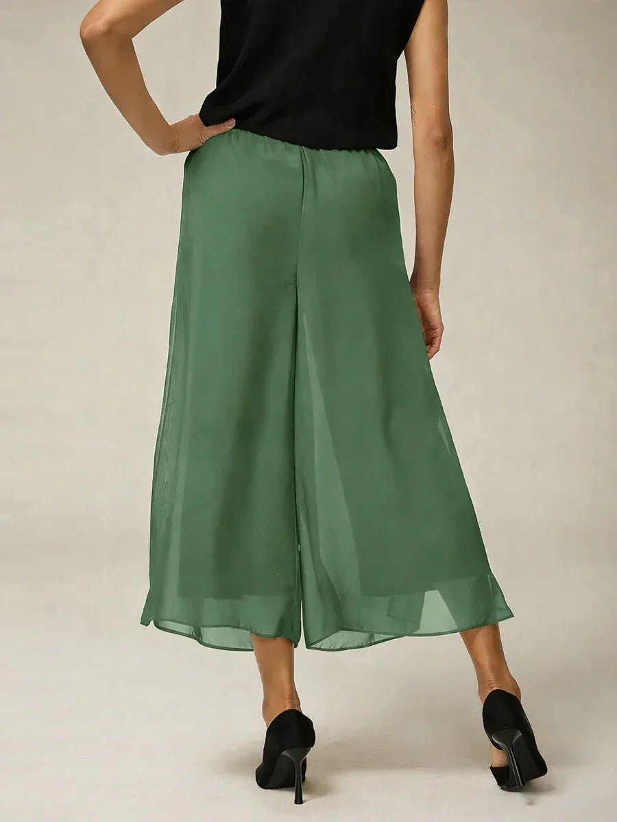 Pantalón recto de largo cropped con sobrecapa de gasa abierta - Nhaura