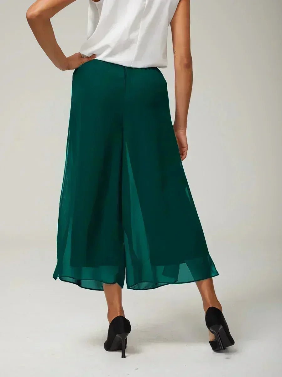 Pantalón recto de largo cropped con sobrecapa de gasa abierta - Nhaura