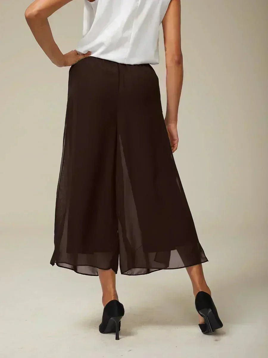 Pantalón recto de largo cropped con sobrecapa de gasa abierta - Nhaura