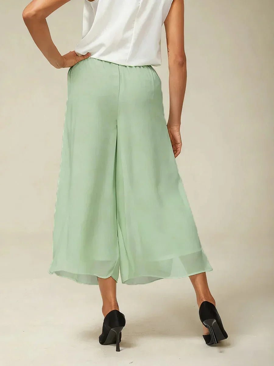 Pantalón recto de largo cropped con sobrecapa de gasa abierta - Nhaura