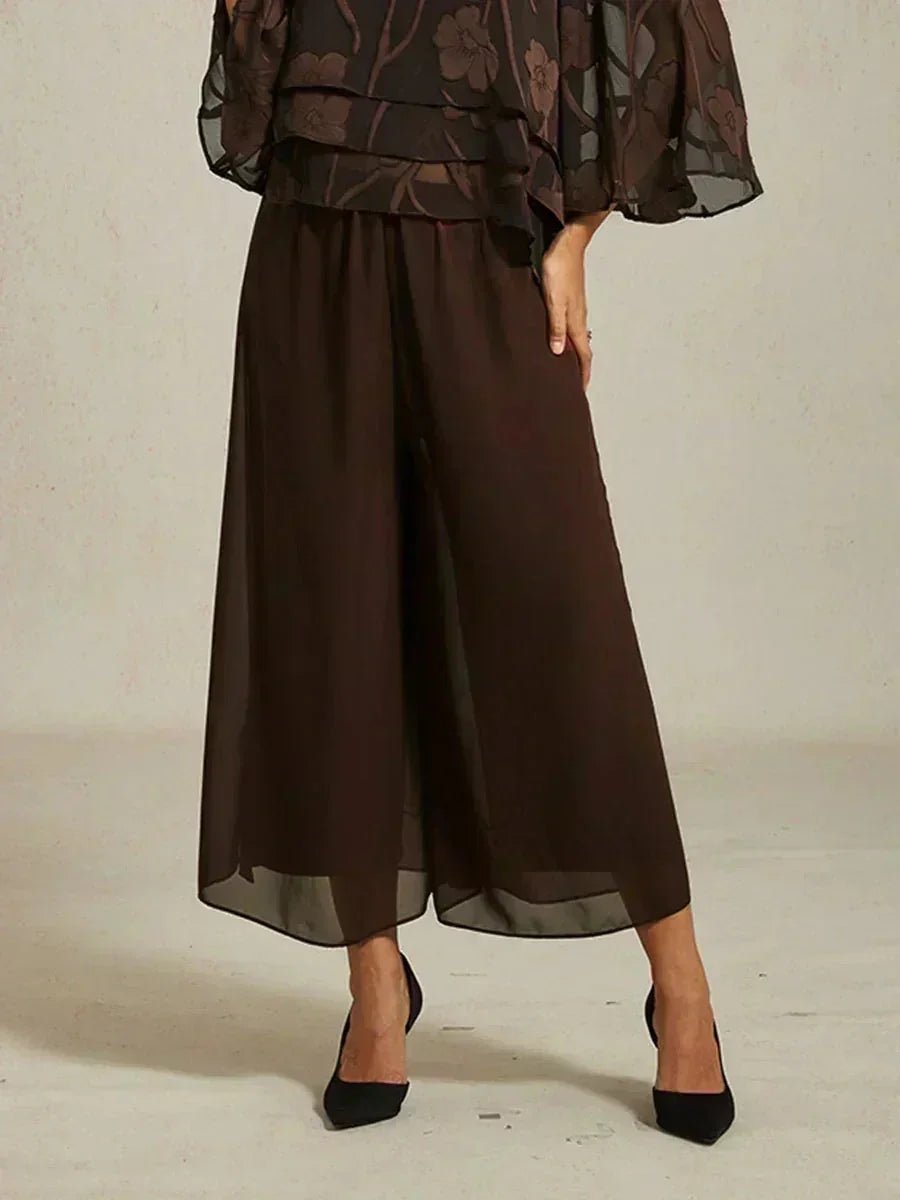 Pantalón recto de largo cropped con sobrecapa de gasa abierta - Nhaura