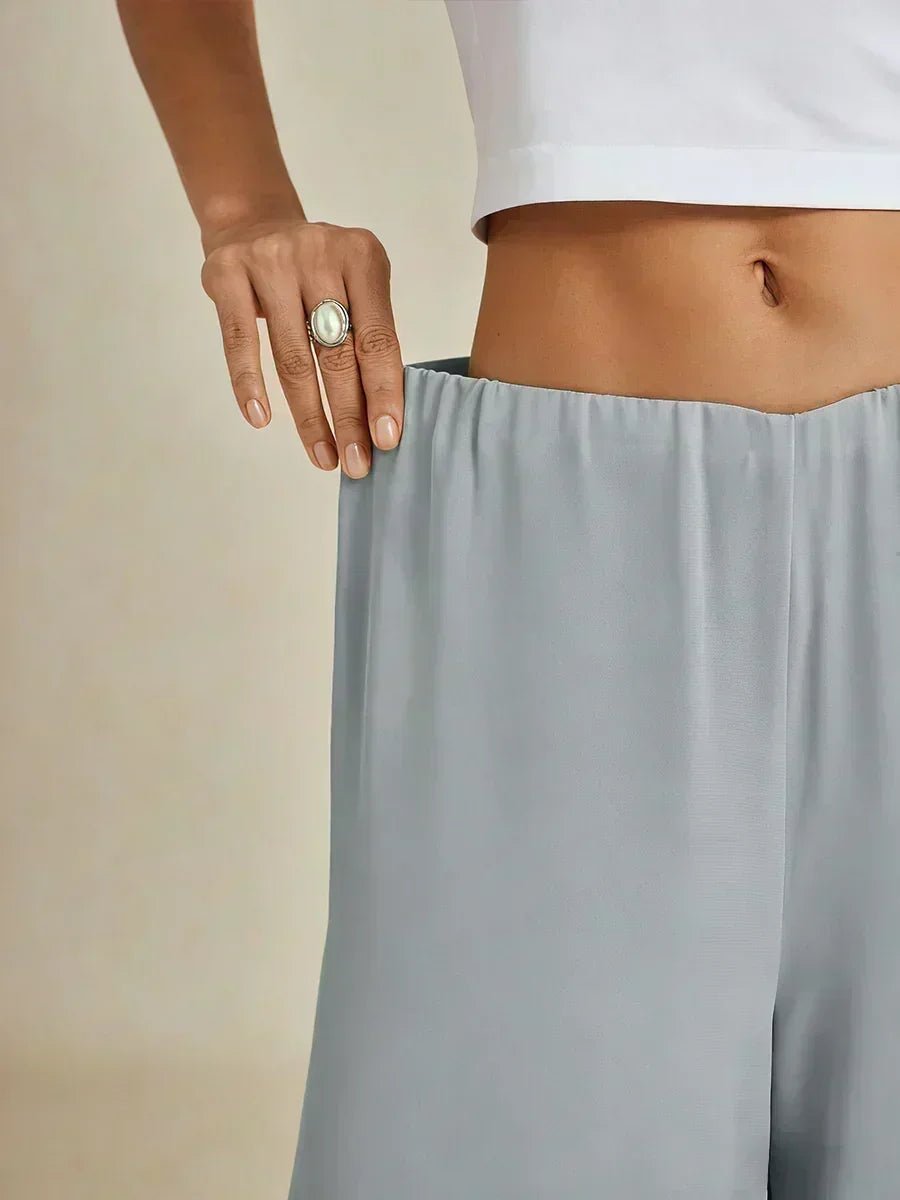 Pantalón recto de largo cropped con sobrecapa de gasa abierta - Nhaura