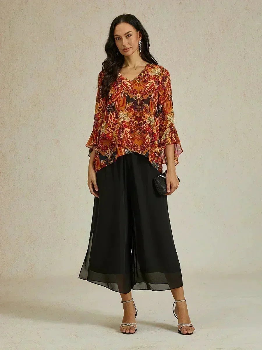 Pantalón recto de largo cropped con sobrecapa de gasa abierta - Nhaura