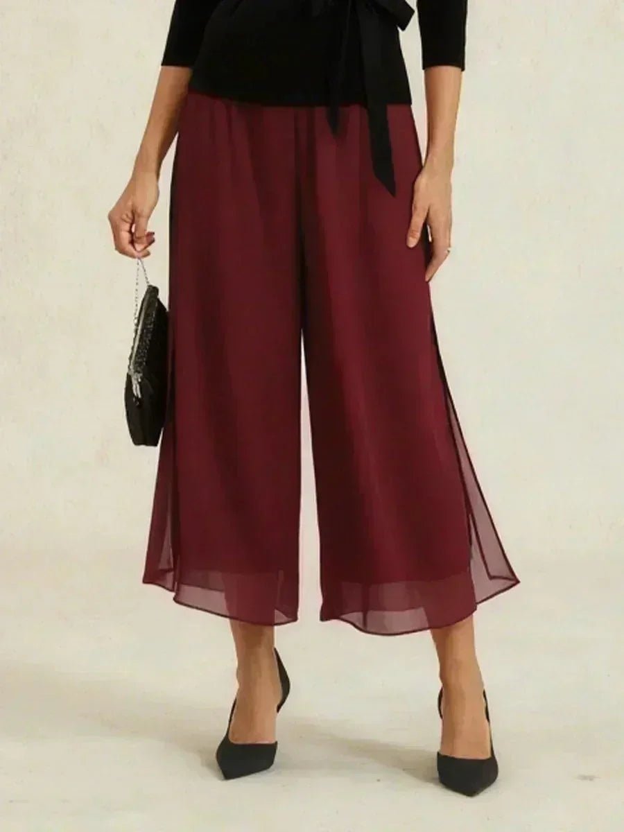 Pantalón recto de largo cropped con sobrecapa de gasa abierta - Nhaura