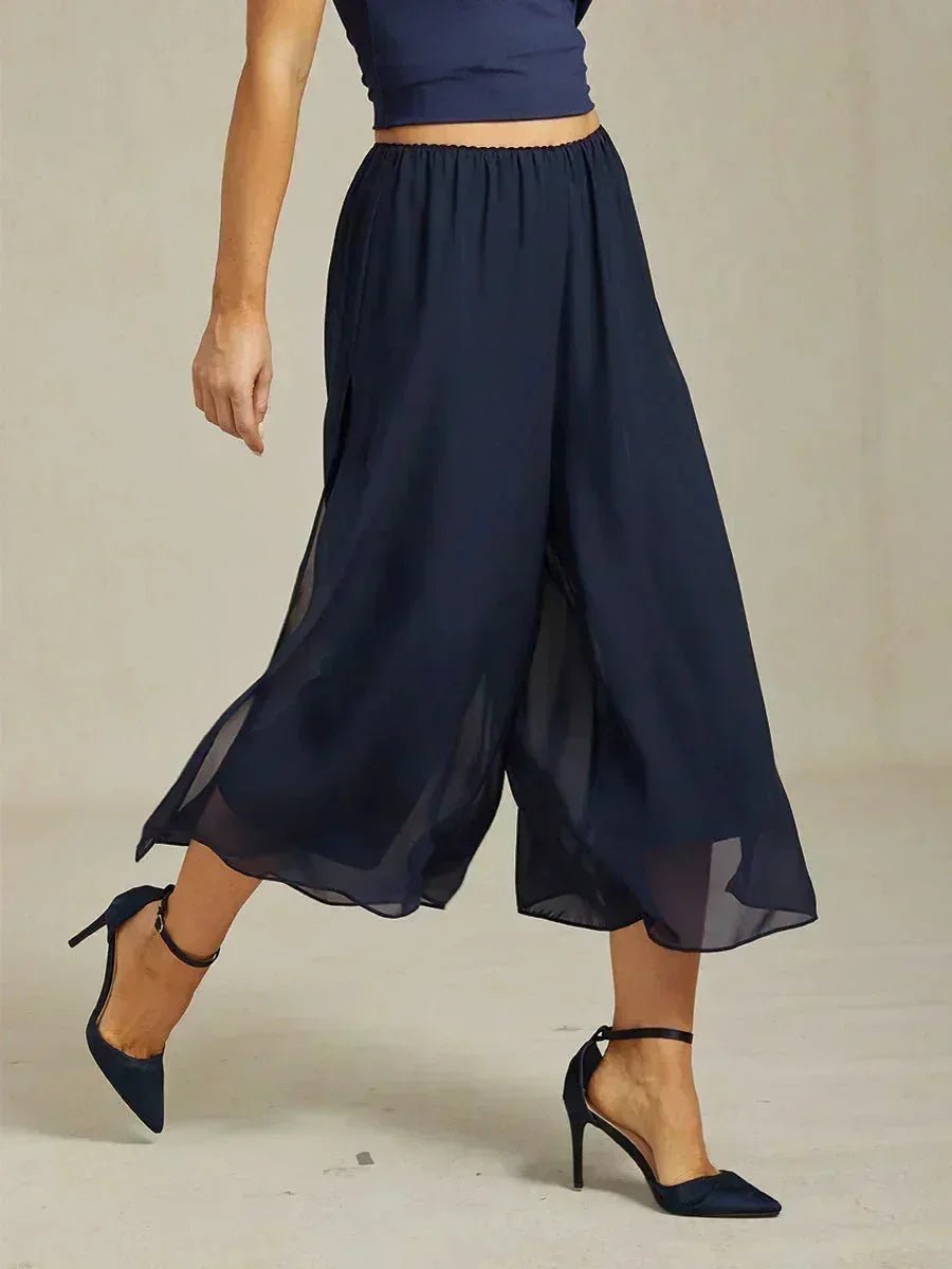 Pantalón recto de largo cropped con sobrecapa de gasa abierta - Nhaura