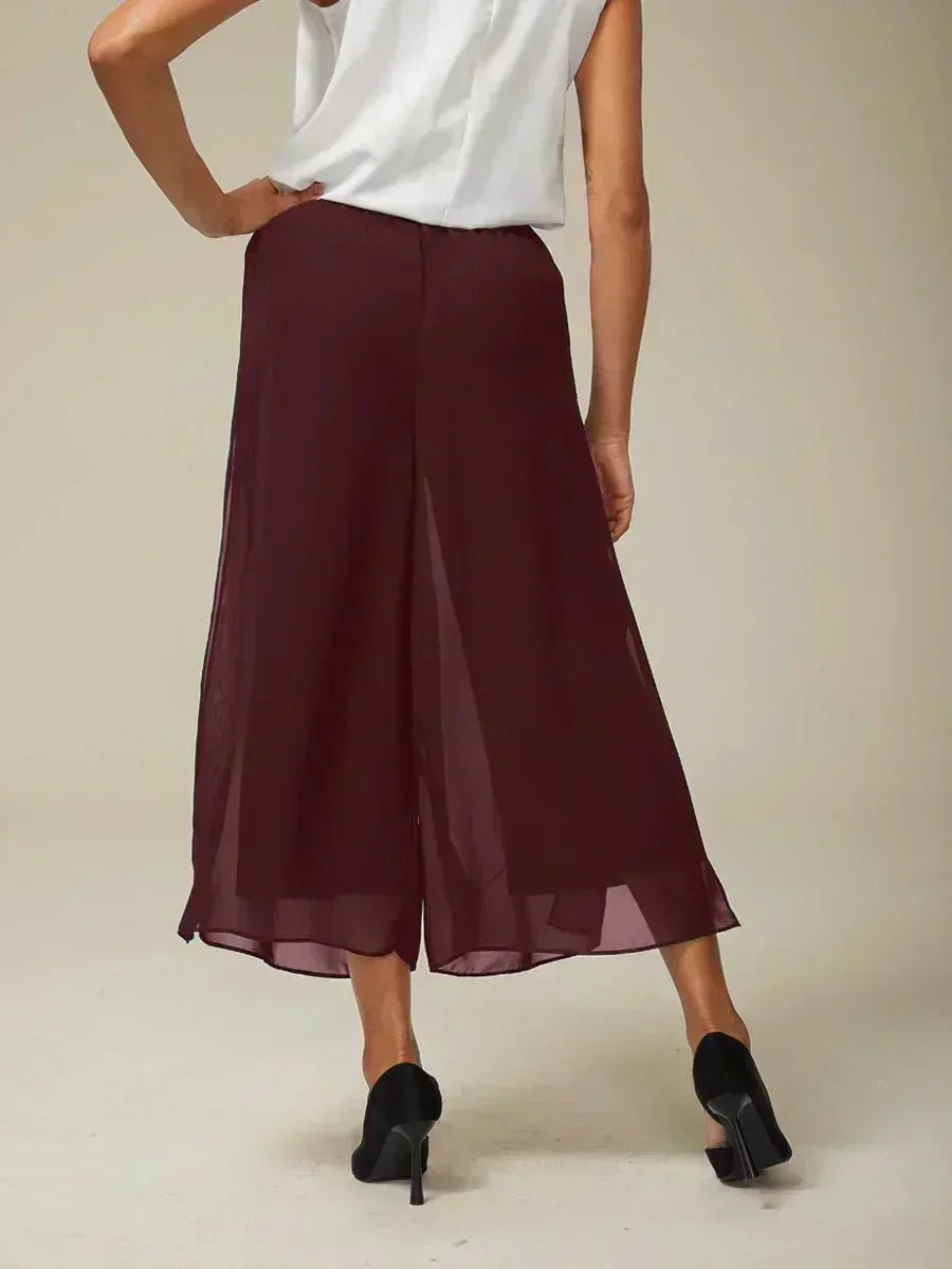 Pantalón recto de largo cropped con sobrecapa de gasa abierta - Nhaura