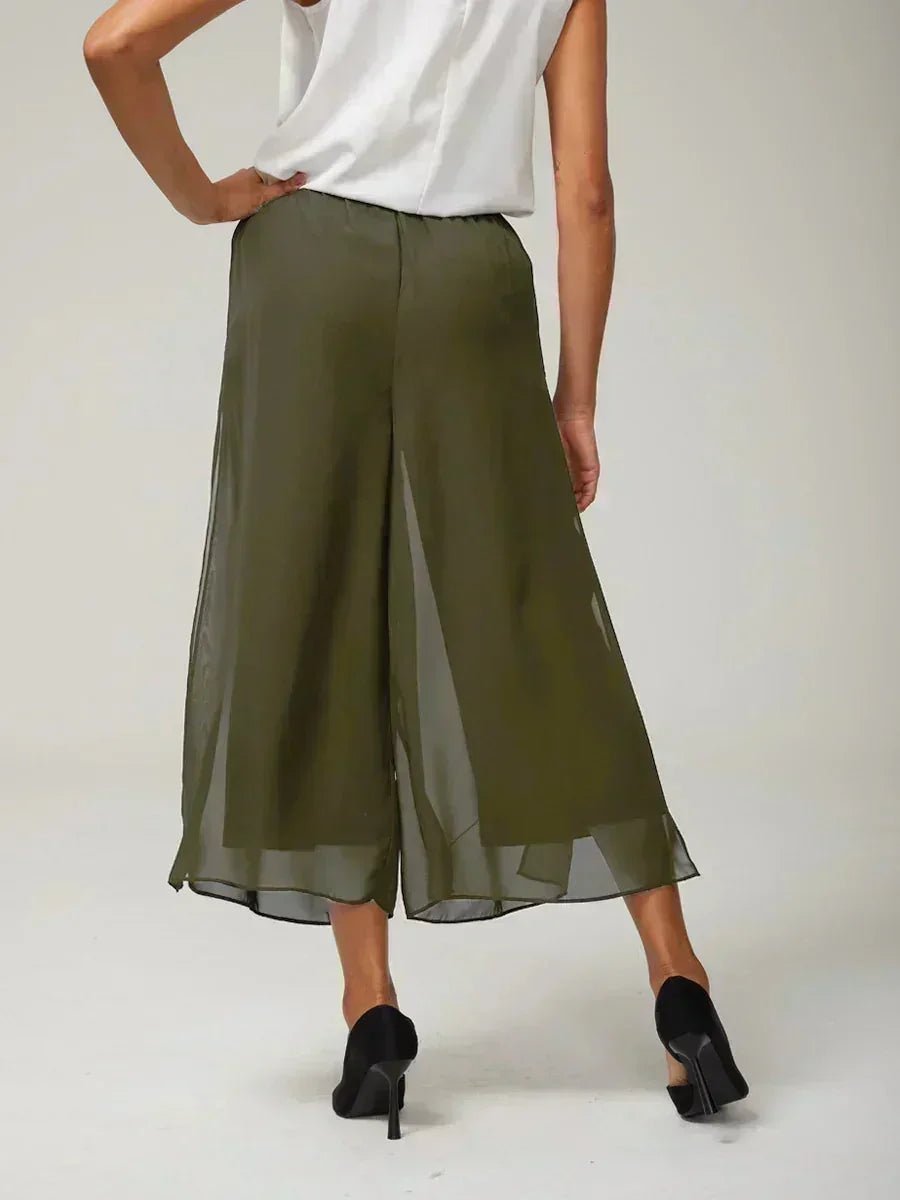 Pantalón recto de largo cropped con sobrecapa de gasa abierta - Nhaura