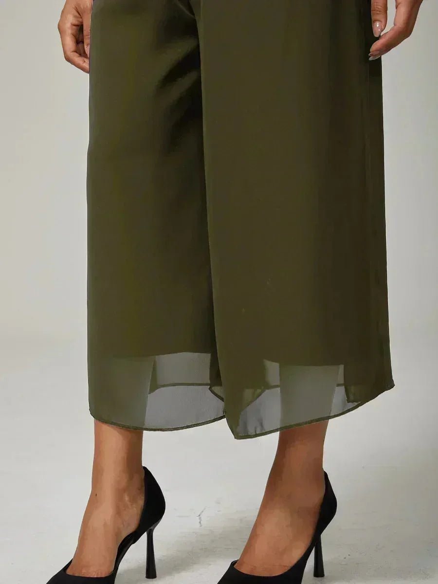 Pantalón recto de largo cropped con sobrecapa de gasa abierta - Nhaura