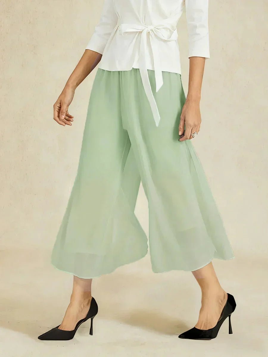Pantalón recto de largo cropped con sobrecapa de gasa abierta - Nhaura