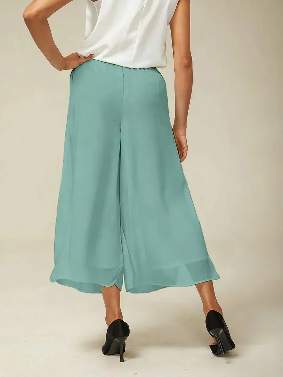 Pantalón recto de largo cropped con sobrecapa de gasa abierta - Nhaura