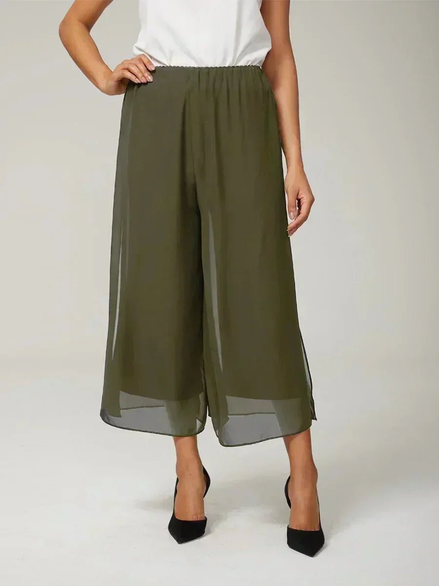 Pantalón recto de largo cropped con sobrecapa de gasa abierta - Nhaura