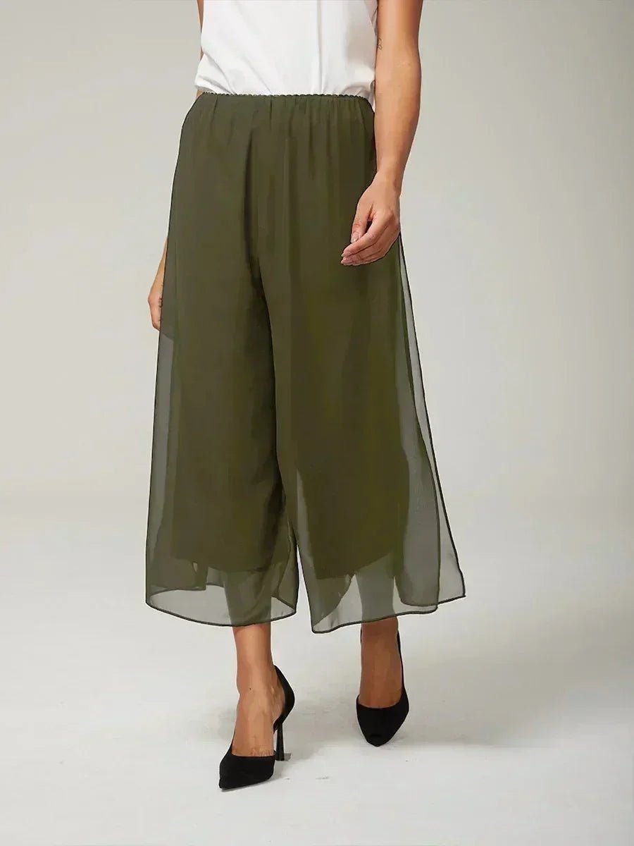 Pantalón recto de largo cropped con sobrecapa de gasa abierta - Nhaura