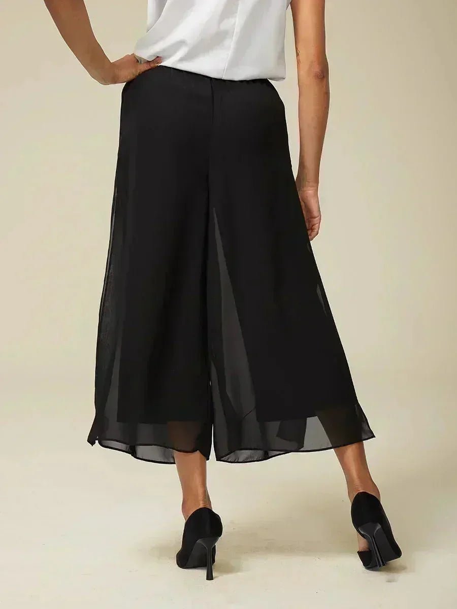 Pantalón recto de largo cropped con sobrecapa de gasa abierta - Nhaura
