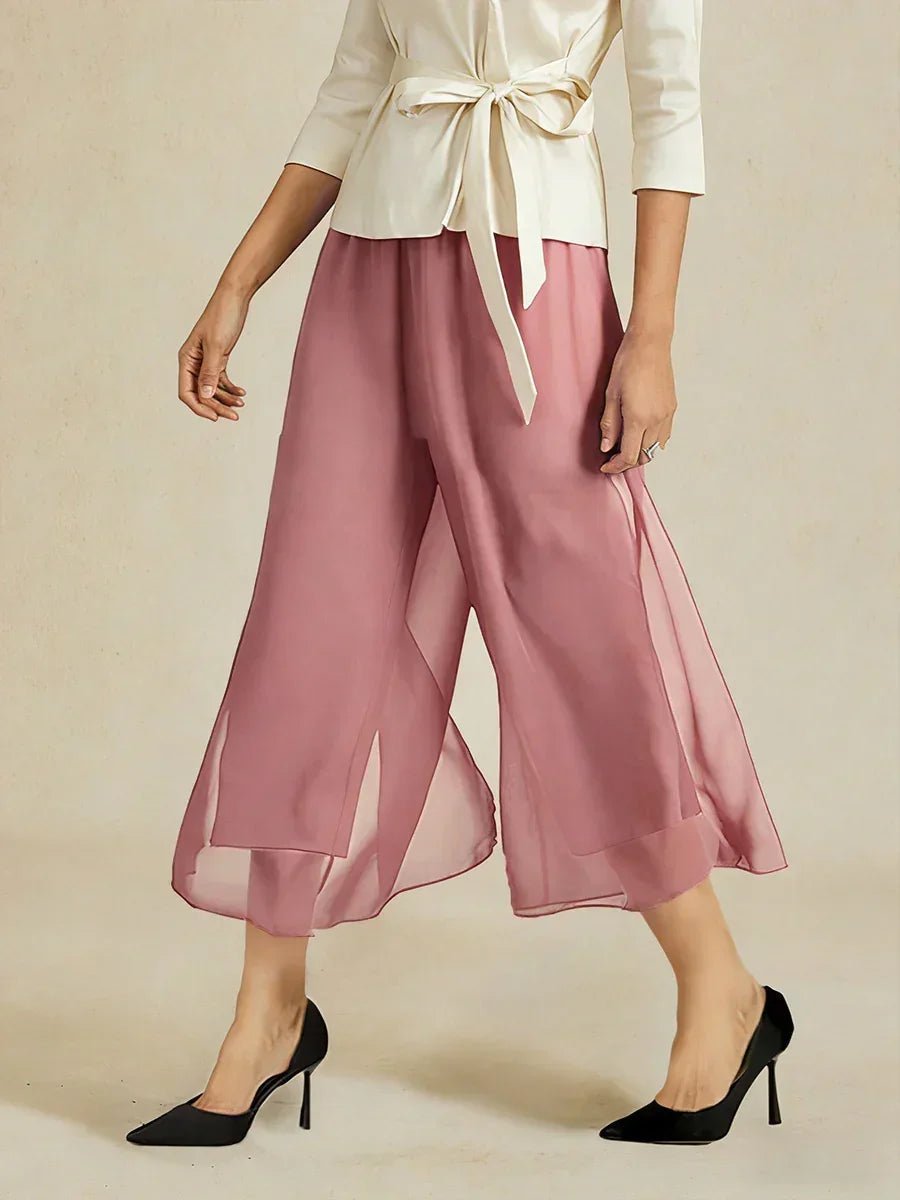 Pantalón recto de largo cropped con sobrecapa de gasa abierta - Nhaura