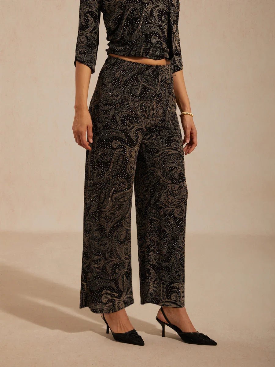 Pantalón recto de punto paisley con sutil detalle de lentejuelas - Nhaura