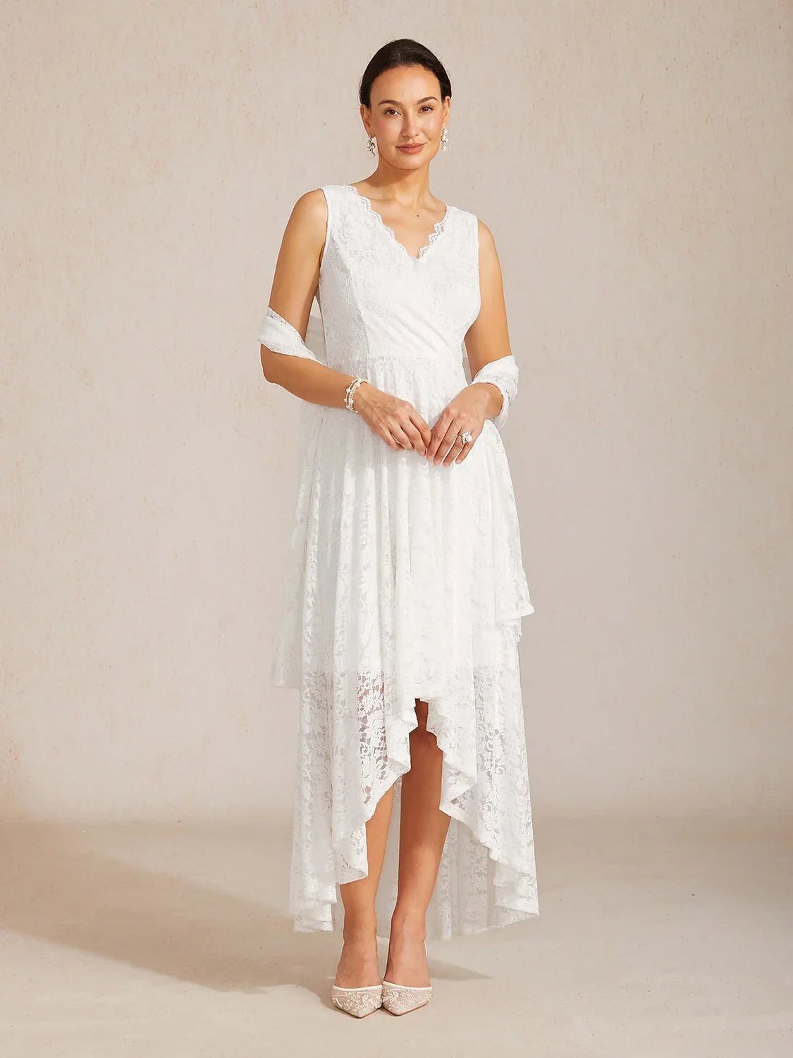 Vestido de boda ligero de encaje sin mangas con chal a juego - Nhaura