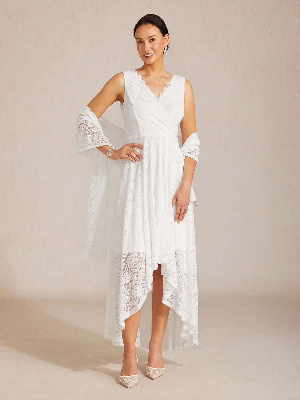 Vestido de boda ligero de encaje sin mangas con chal a juego - Nhaura