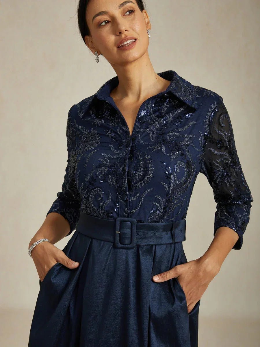 Vestido de cóctel de tafetán elástico bordado con cuerpo paisley de lentejuelas - Nhaura