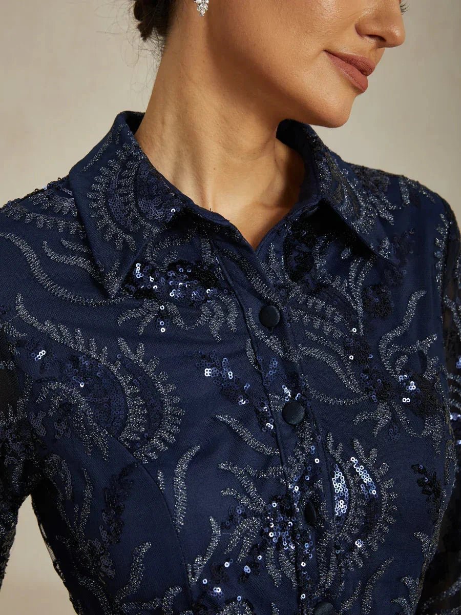 Vestido de cóctel de tafetán elástico bordado con cuerpo paisley de lentejuelas - Nhaura
