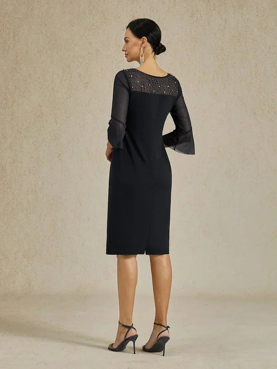 Vestido de cóctel recto con escote de tul ilusión adornado - Nhaura