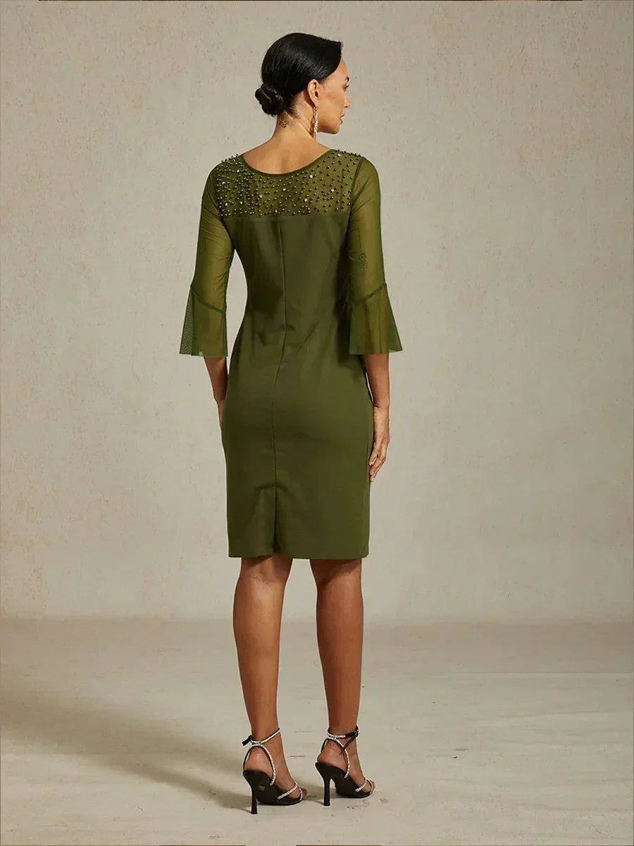 Vestido de cóctel recto con escote de tul ilusión adornado - Nhaura