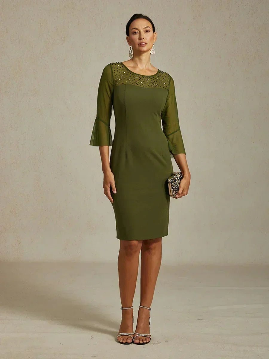 Vestido de cóctel recto con escote de tul ilusión adornado - Nhaura