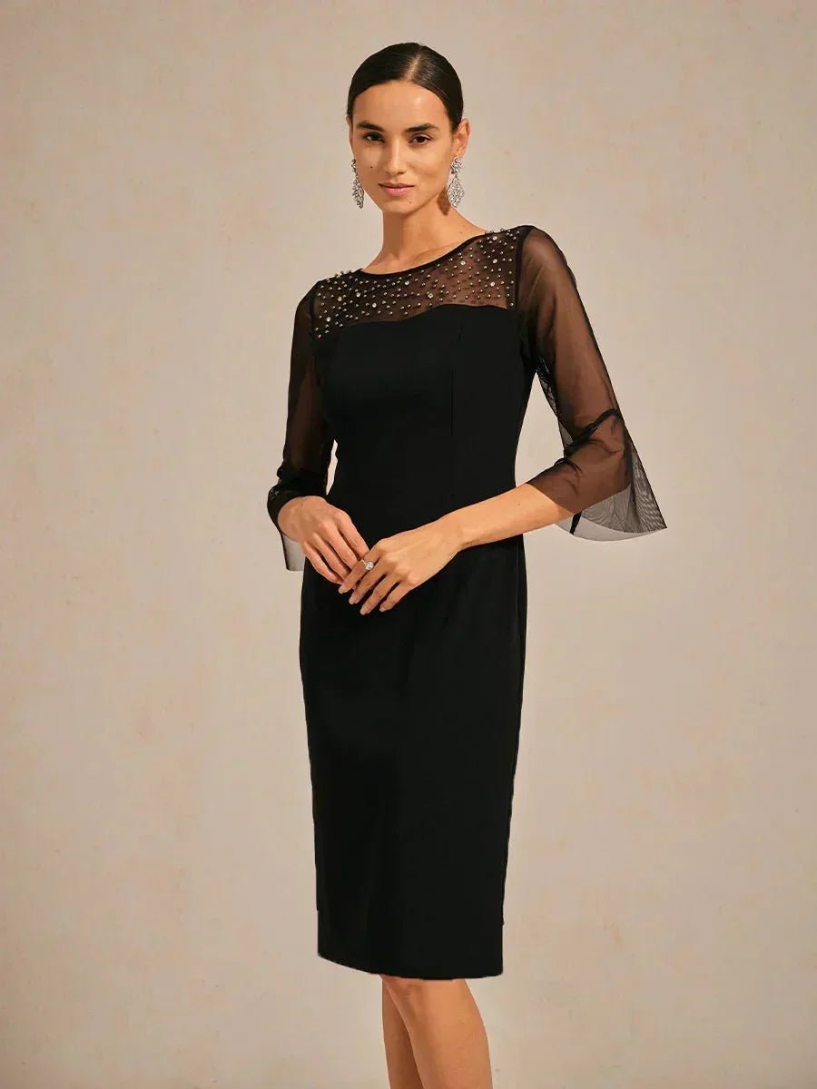 Vestido de cóctel recto con escote de tul ilusión adornado - Nhaura