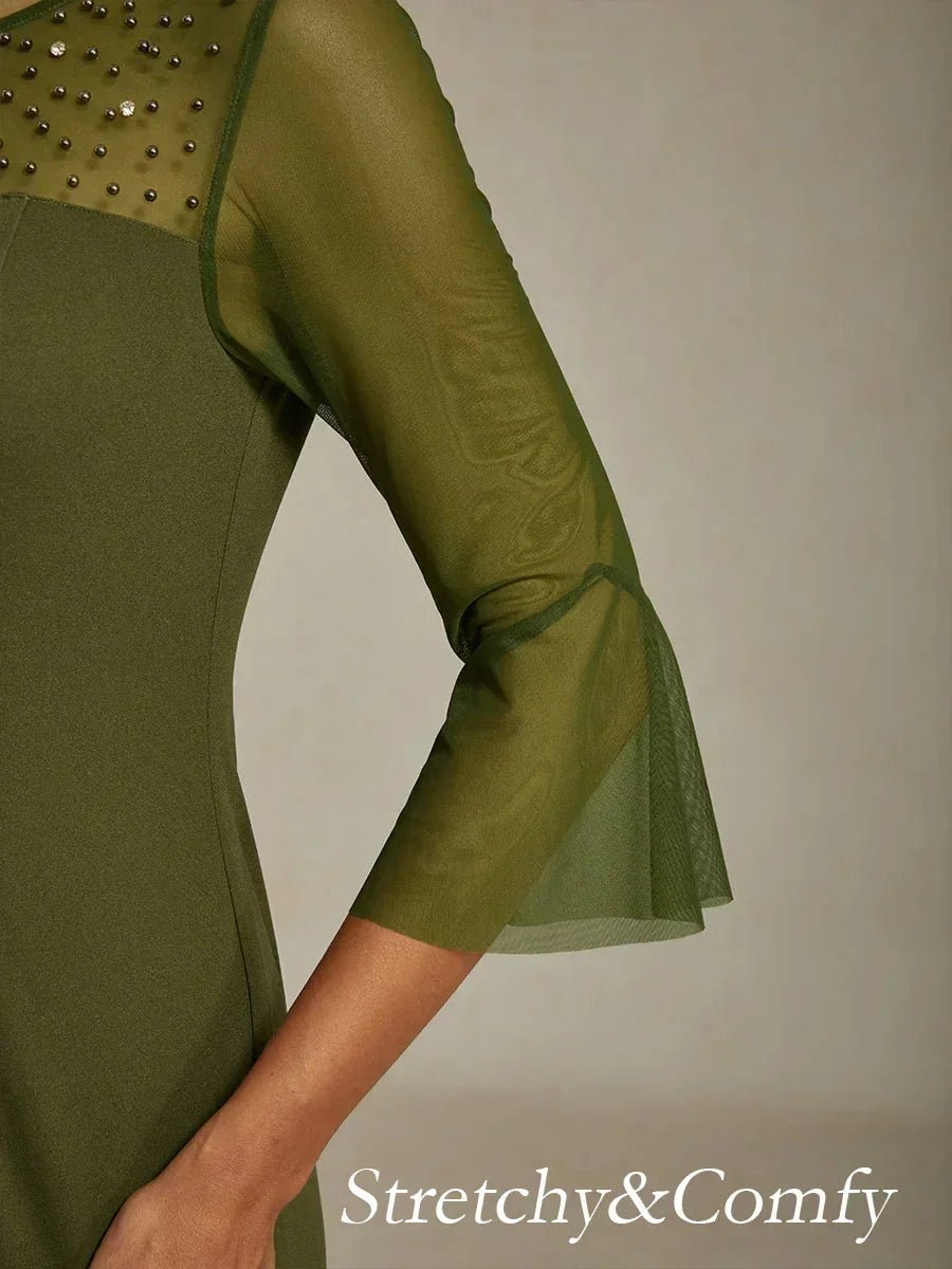 Vestido de cóctel recto con escote de tul ilusión adornado - Nhaura