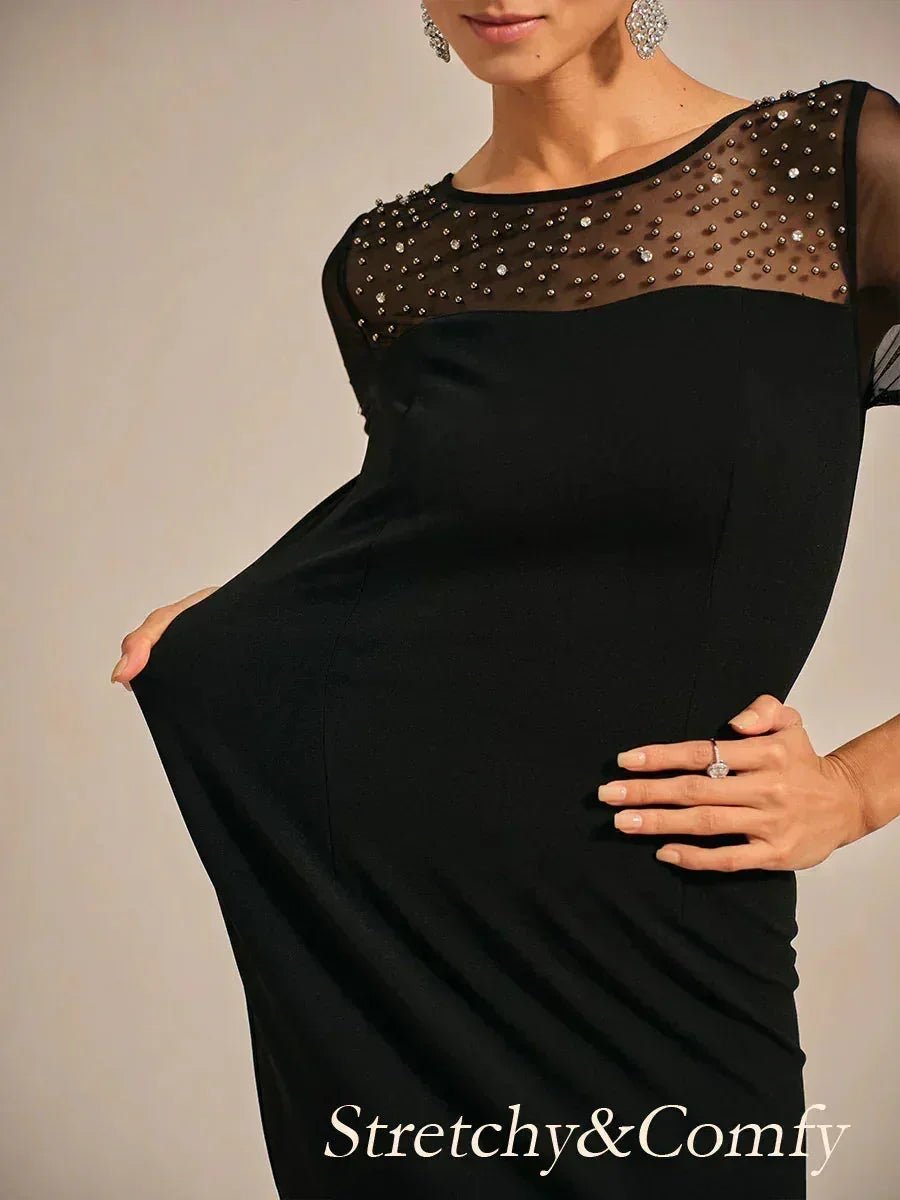 Vestido de cóctel recto con escote de tul ilusión adornado - Nhaura