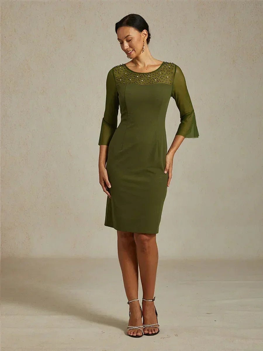 Vestido de cóctel recto con escote de tul ilusión adornado - Nhaura