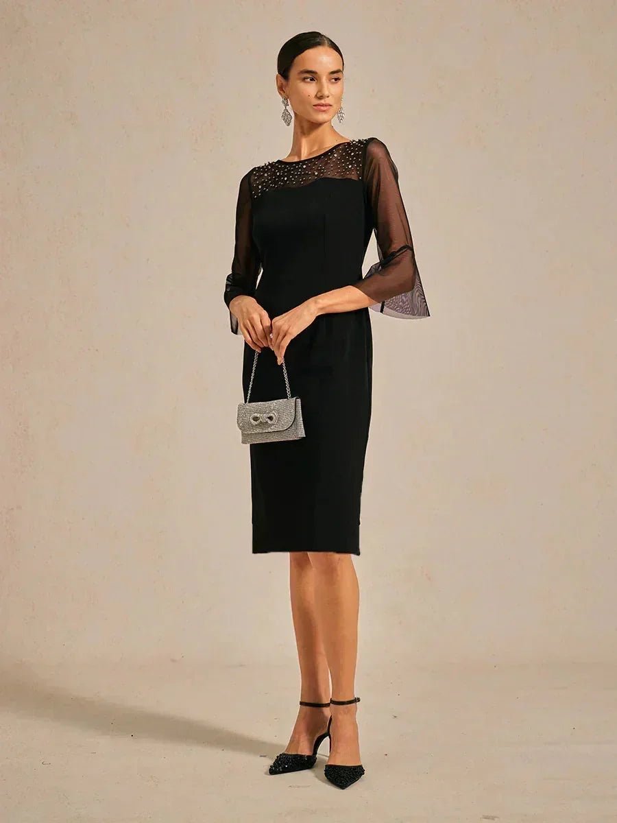 Vestido de cóctel recto con escote de tul ilusión adornado - Nhaura