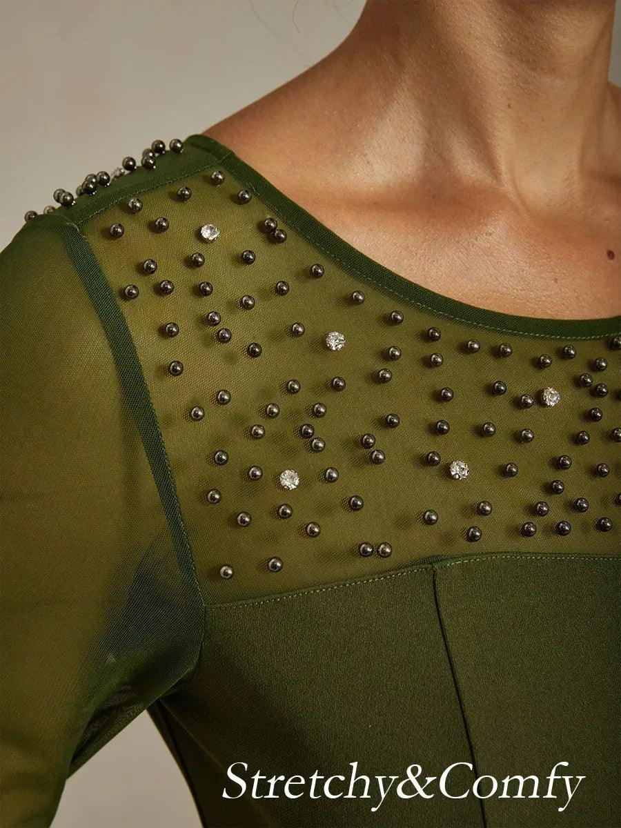 Vestido de cóctel recto con escote de tul ilusión adornado - Nhaura