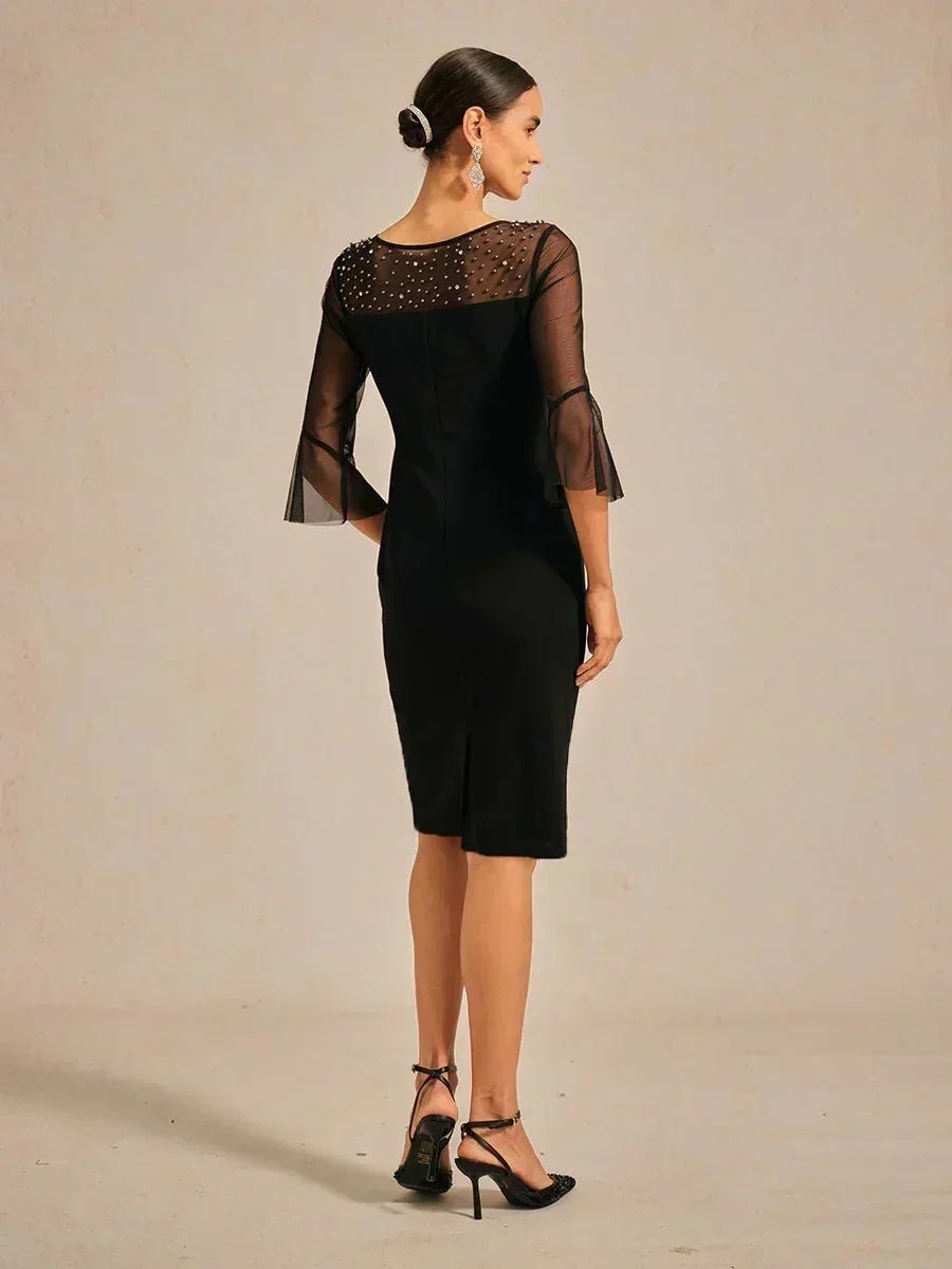 Vestido de cóctel recto con escote de tul ilusión adornado - Nhaura