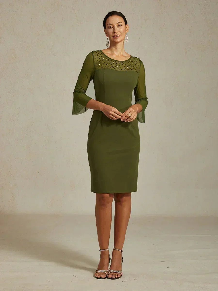 Vestido de cóctel recto con escote de tul ilusión adornado - Nhaura