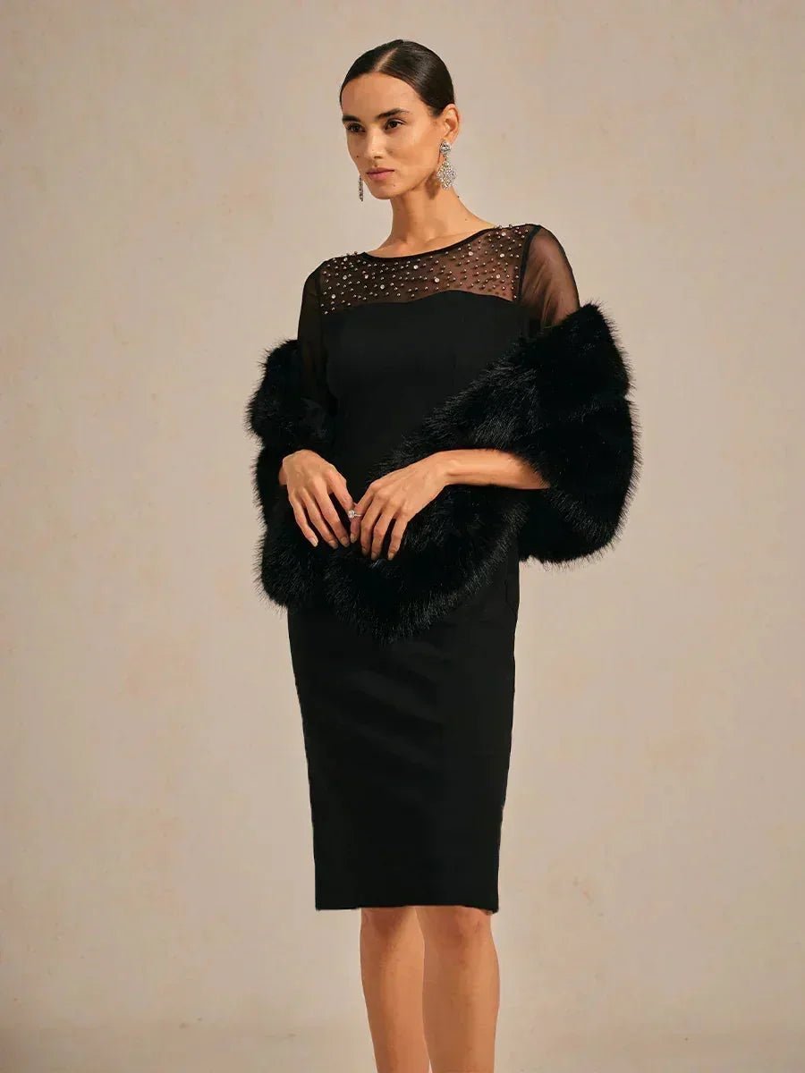 Vestido de cóctel recto con escote de tul ilusión adornado - Nhaura