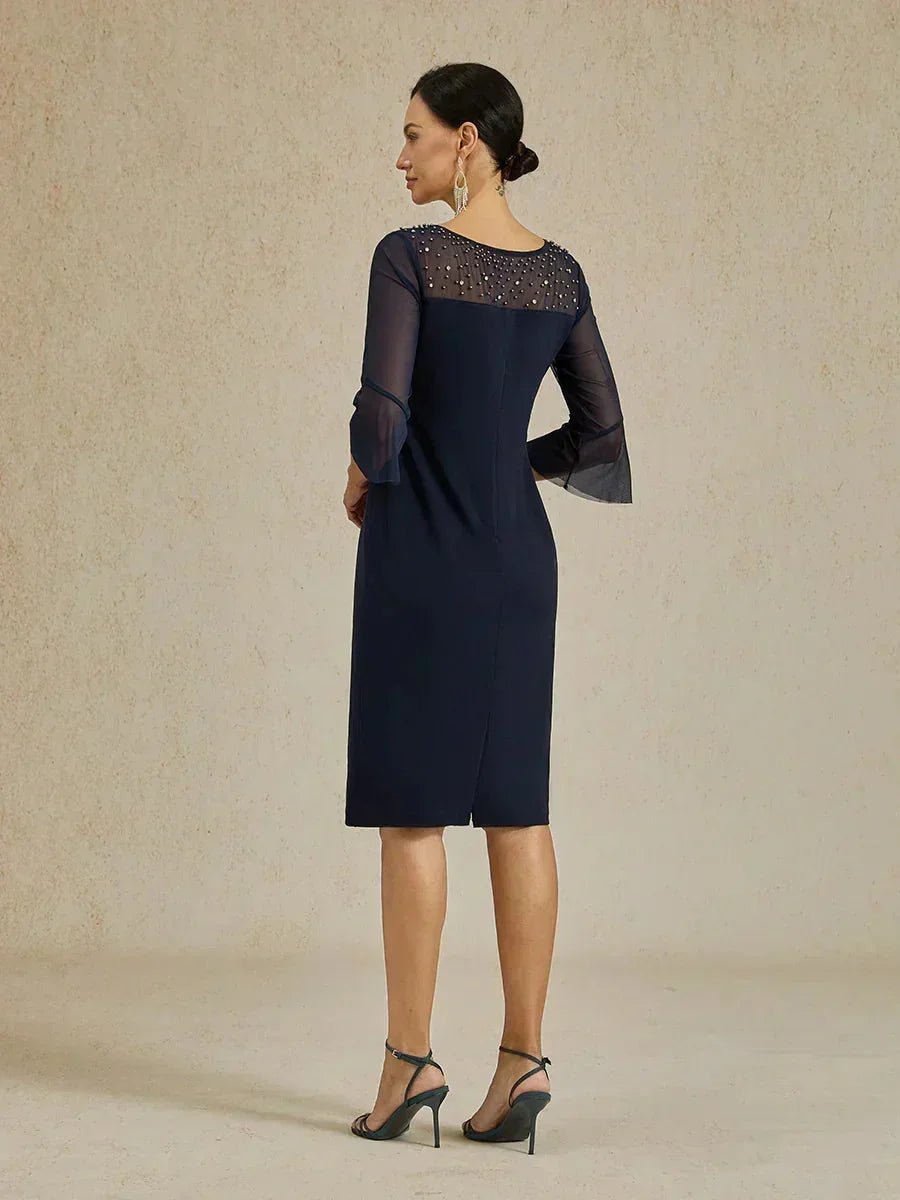 Vestido de cóctel recto con escote de tul ilusión adornado - Nhaura
