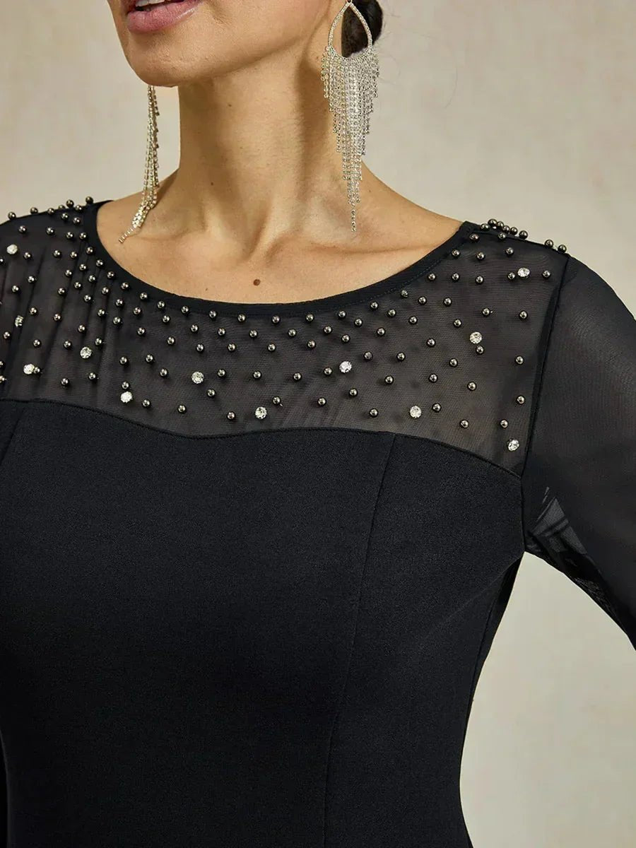 Vestido de cóctel recto con escote de tul ilusión adornado - Nhaura