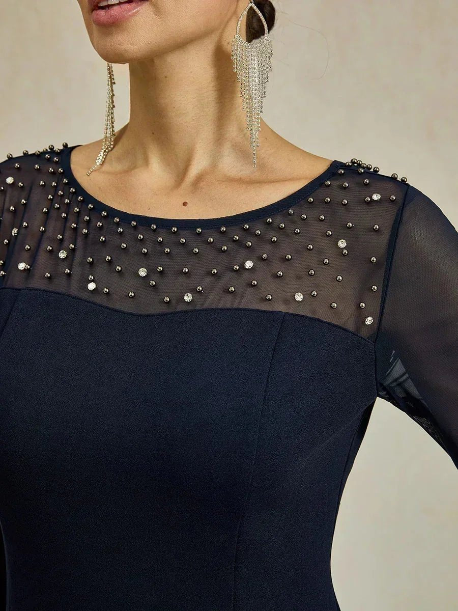 Vestido de cóctel recto con escote de tul ilusión adornado - Nhaura