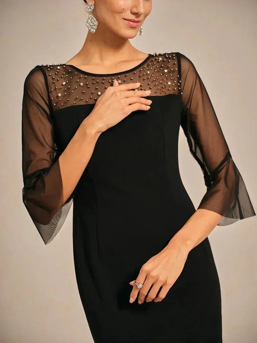 Vestido de cóctel recto con escote de tul ilusión adornado - Nhaura