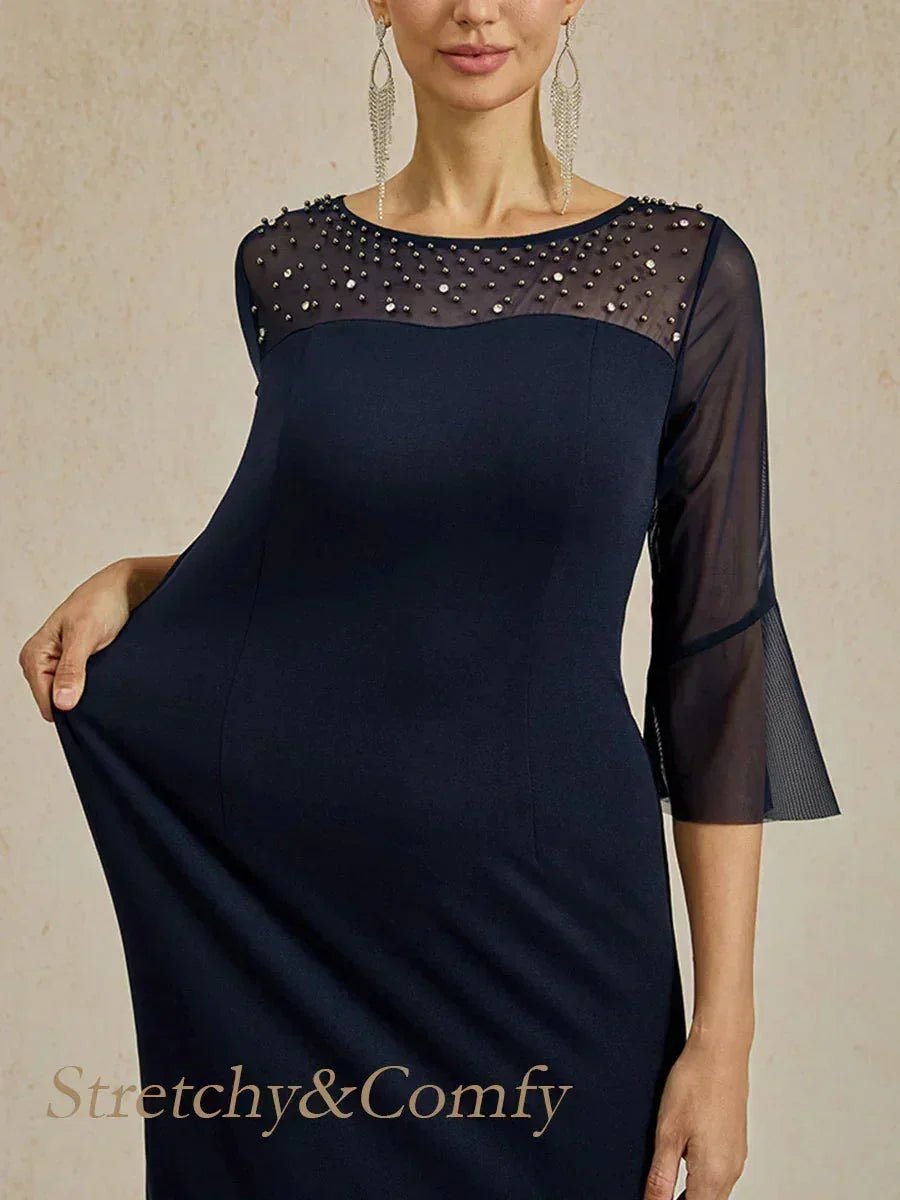 Vestido de cóctel recto con escote de tul ilusión adornado - Nhaura