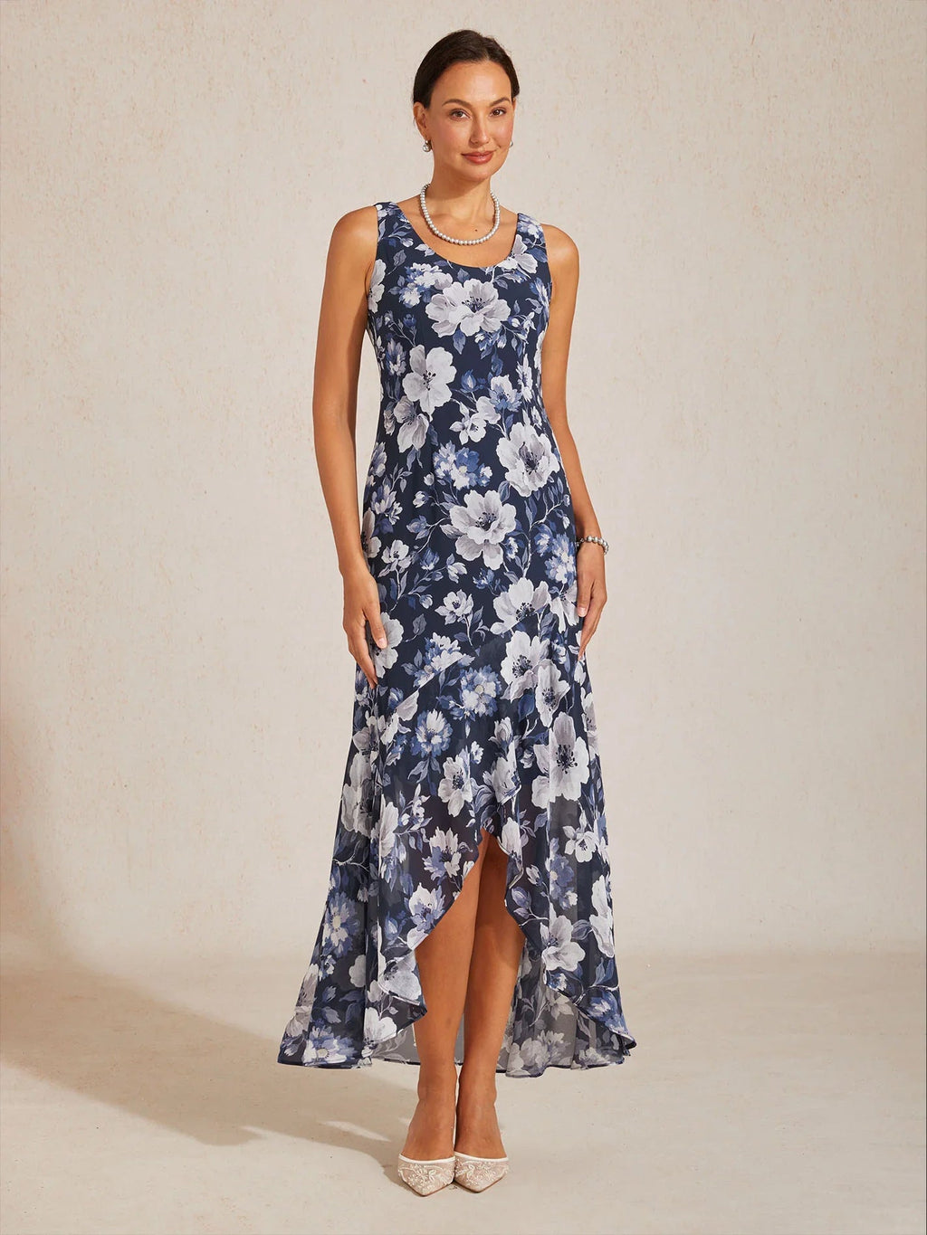 Vestido de gasa floral sin mangas con bajo asimétrico - Nhaura