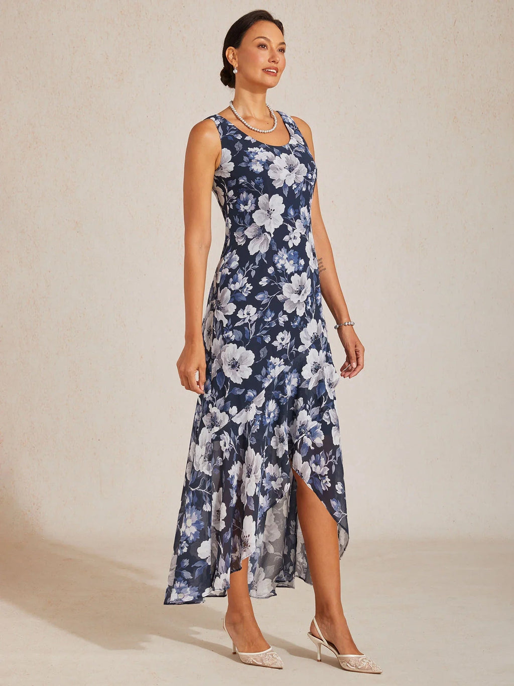 Vestido de gasa floral sin mangas con bajo asimétrico - Nhaura