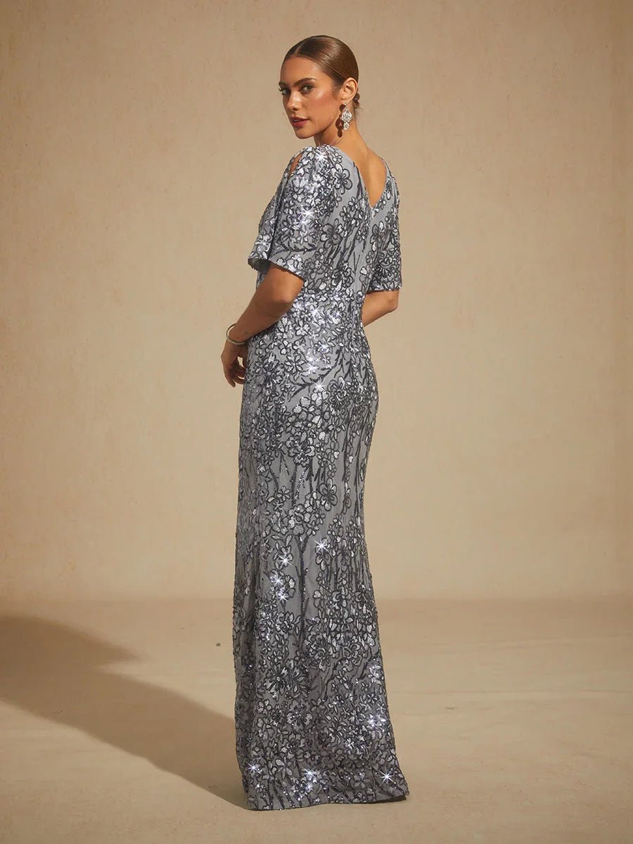 Vestido de noche con escote en V, hombros descubiertos y bordado de lentejuelas - Nhaura